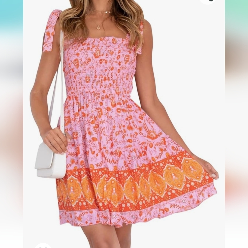 Pink Boho Floral Printed Spaghetti Strap Square Neck Ruffle A Line‎ dress Sz L